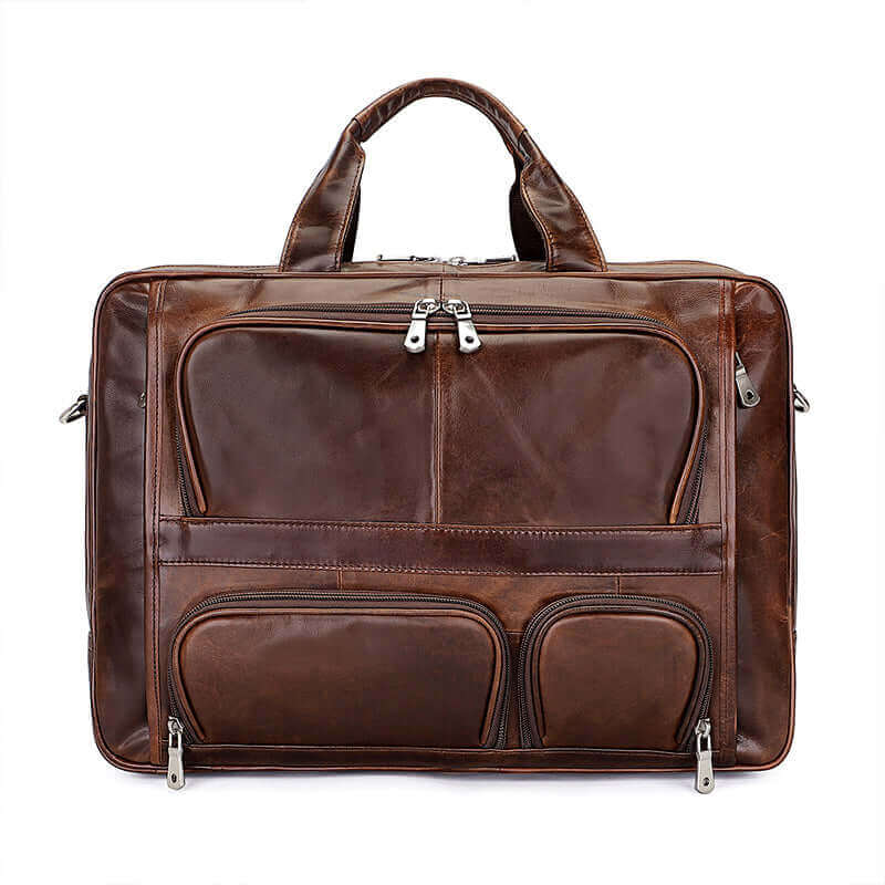 Front view of coffee brown leather laptop bag.