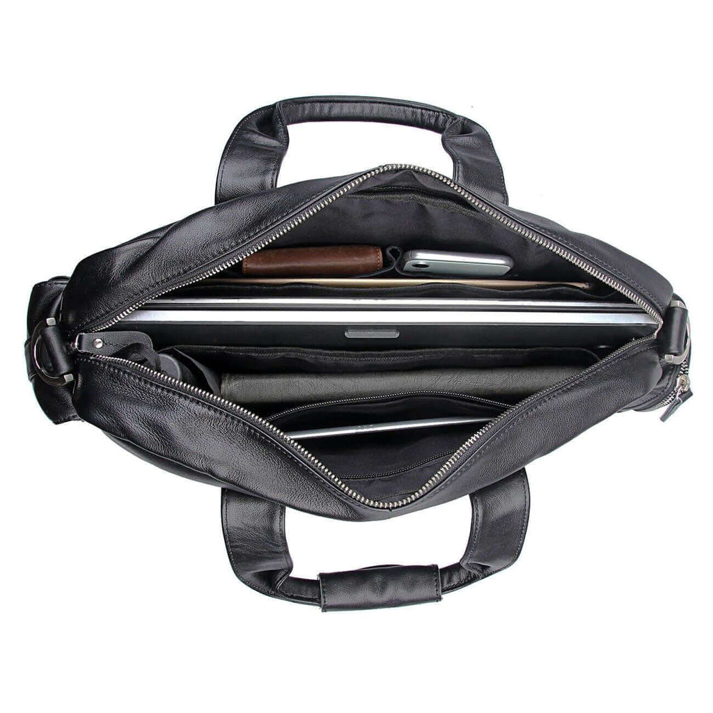 Interior view of business leather laptop bag with multiple compartments