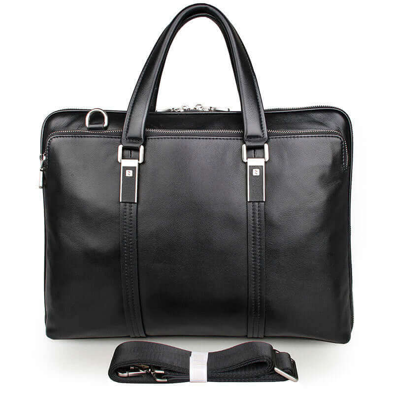 Business-appropriate slim leather laptop bag for daily use.