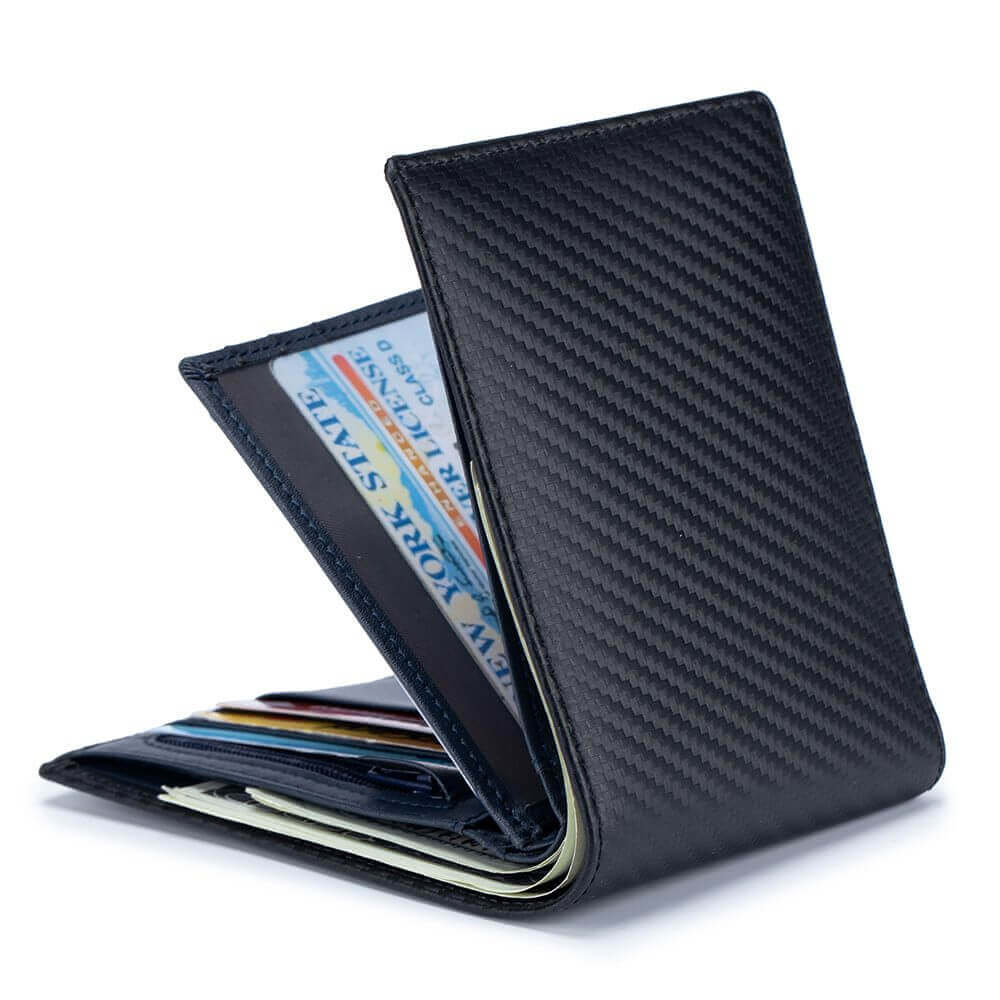 Sleek exterior of the Carbon Fiber RFID Men's Short Wallet.