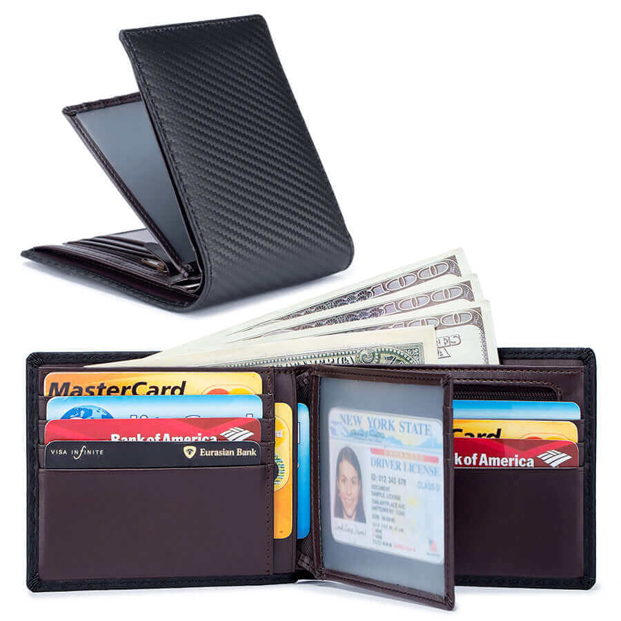 Carbon Fiber RFID Men's Short Wallet displayed with other accessories.