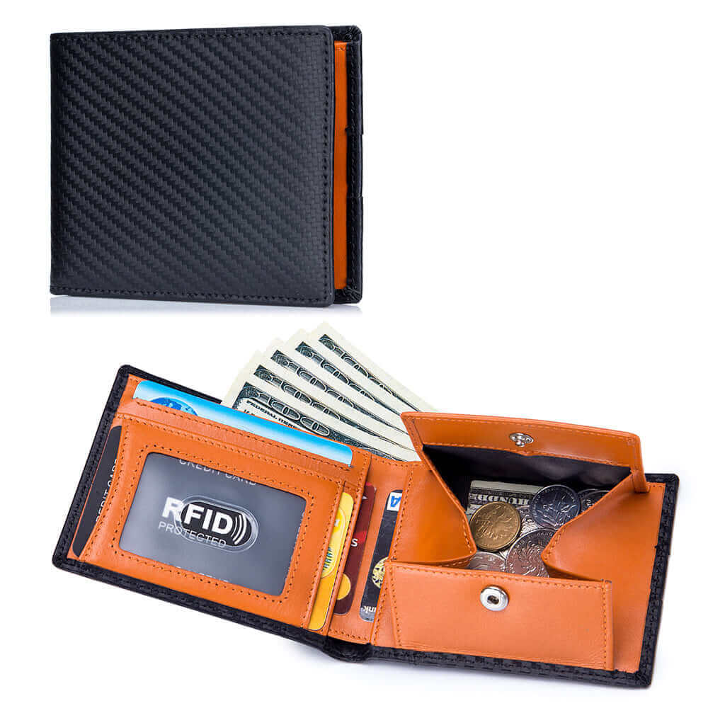 The men's carbon fiber RFID wallet opened with cash inserted in the money holder.