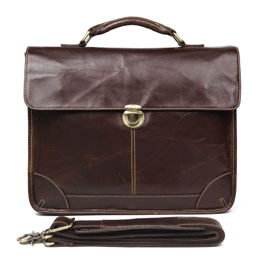 Front view of the Classic Leather Laptop Bag, ideal for 15.6-inch laptops.