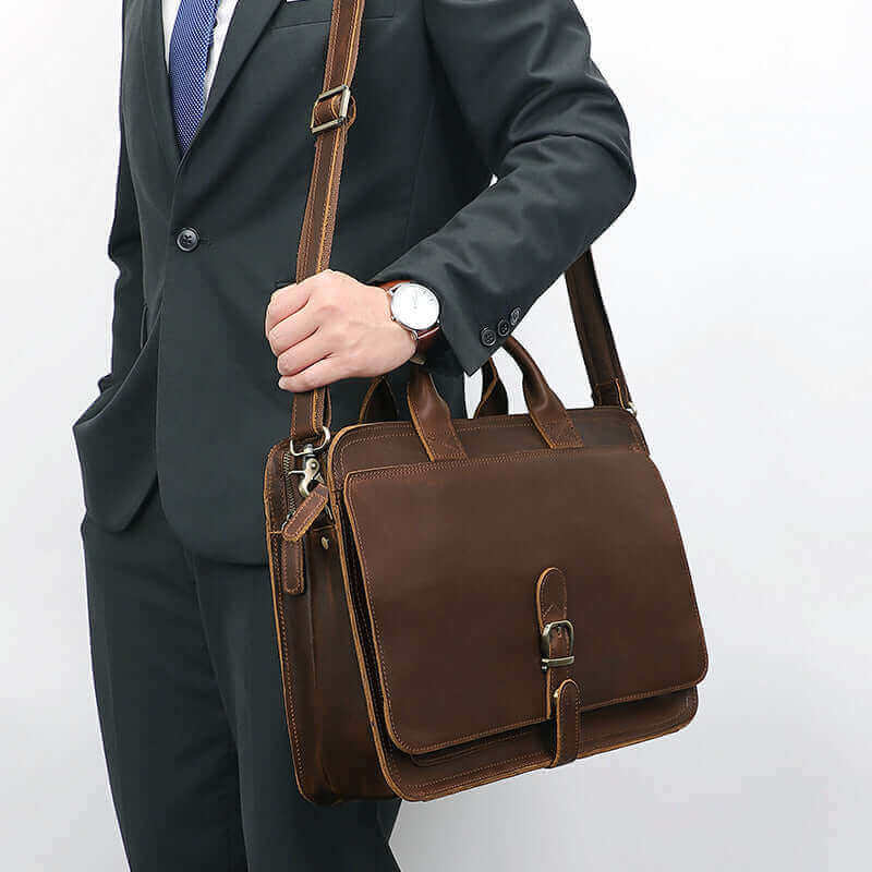 Classic vintage leather briefcase ideal for work and meetings.