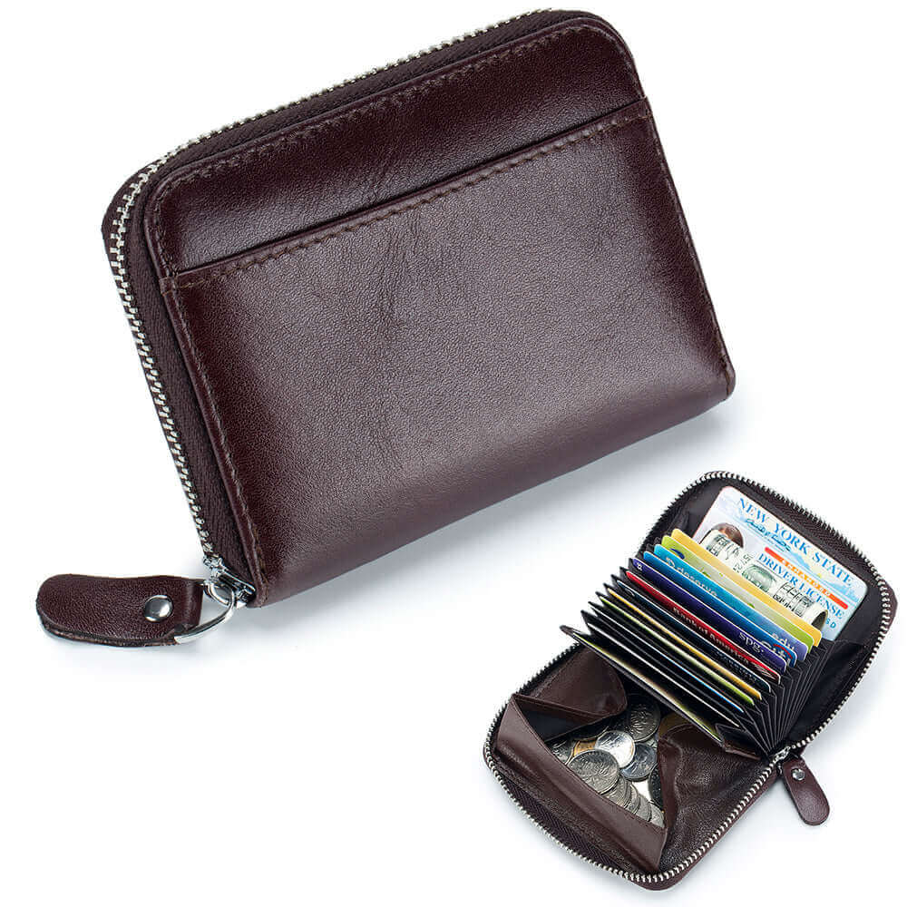 Coffee leather RFID wallet showcasing its secure zipper closure.