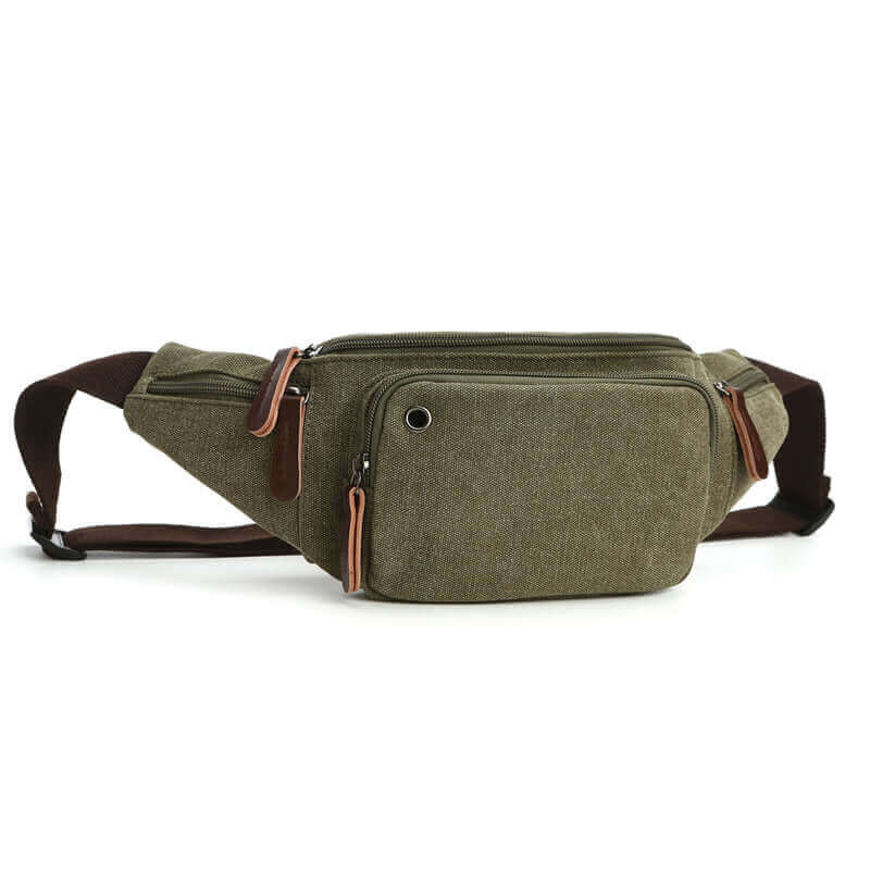 Compact canvas waist bag for men, featuring multiple zippered compartments.