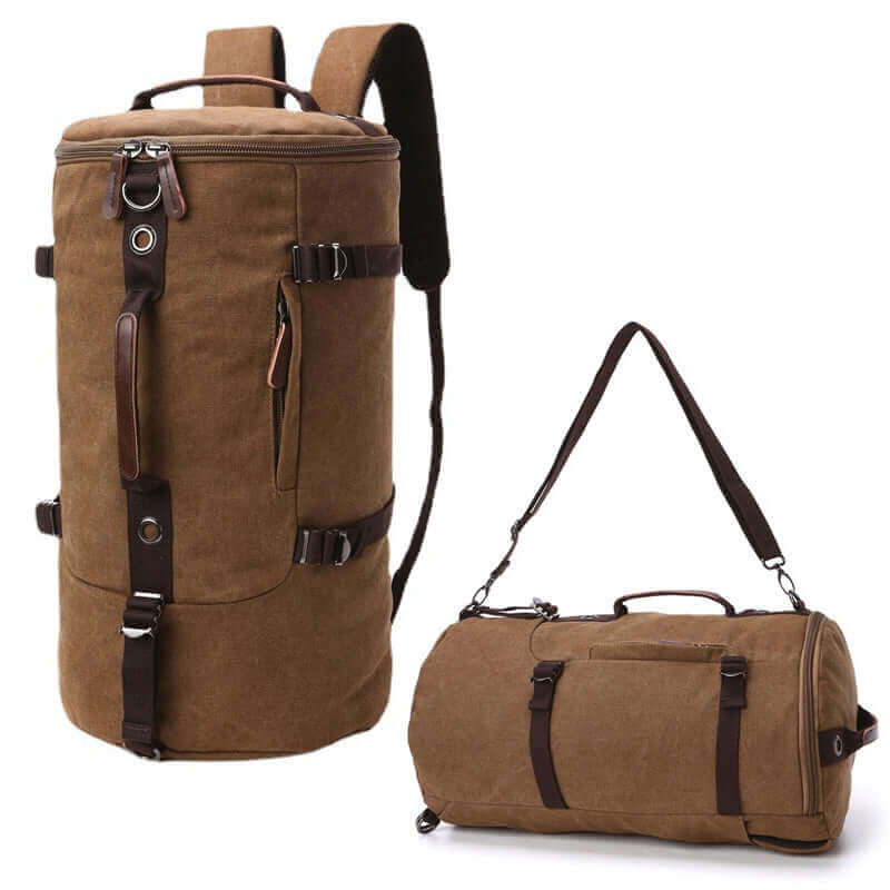 Convertible canvas barrel duffle backpack with 39L capacity, perfect for travel.