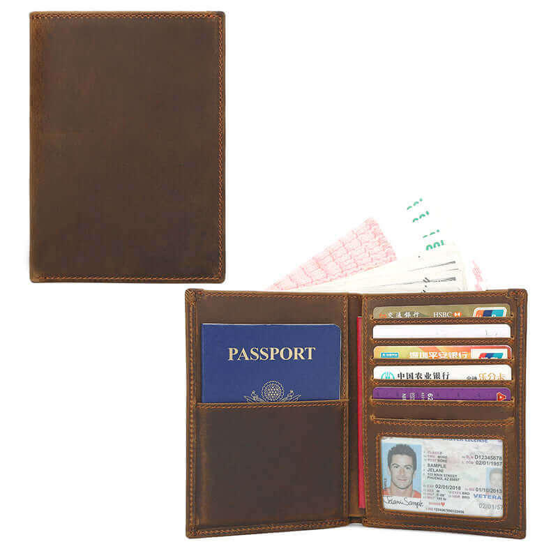 Front view of a crazy horse leather RFID passport holder with stylish design.