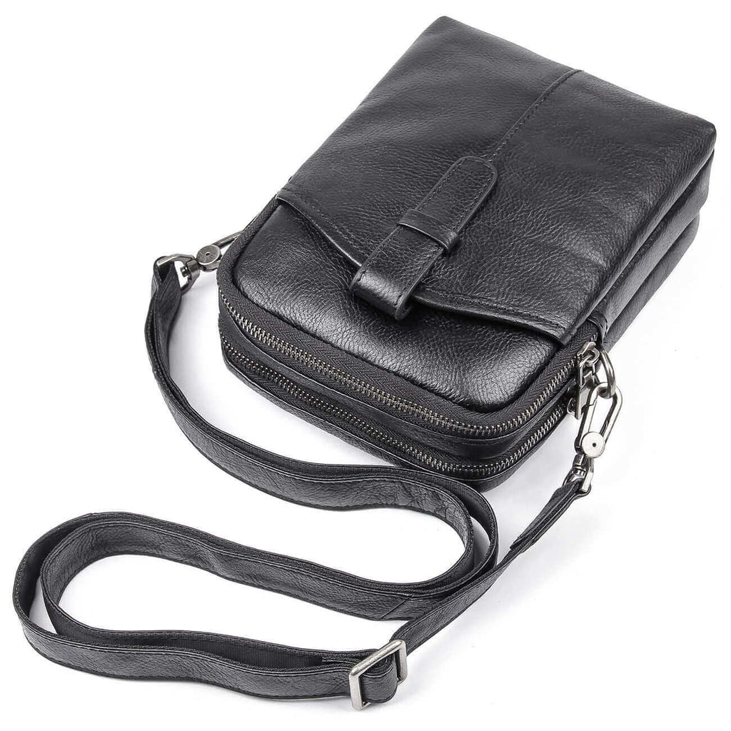 Adjustable strap on a black leather men's crossbody bag for versatile wear.