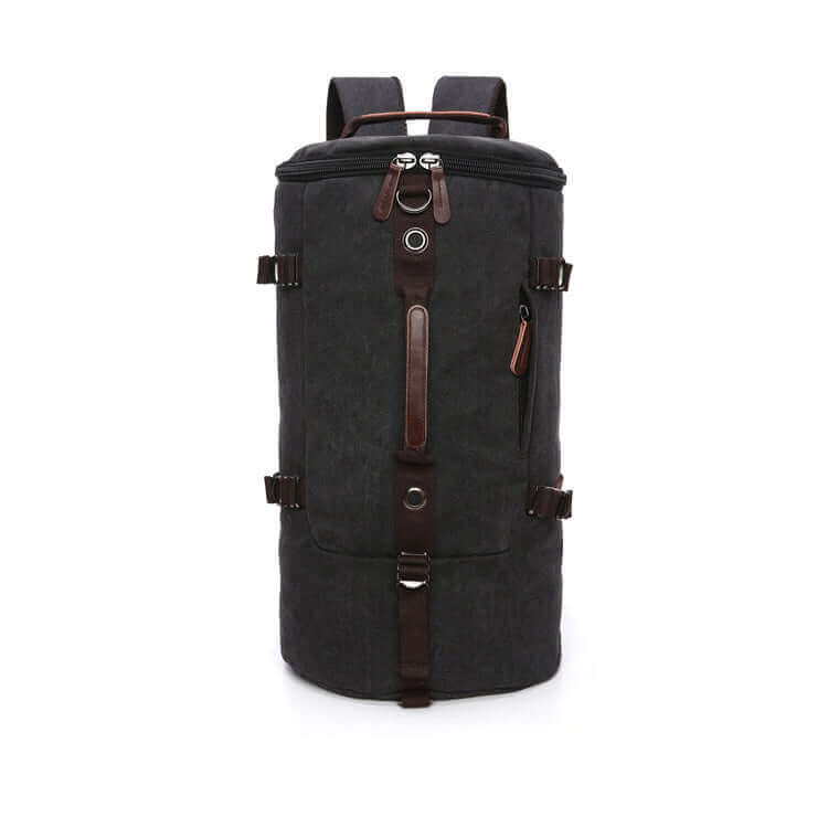 Durable canvas barrel duffle bag for travel, designed with a top zipper and leather details.