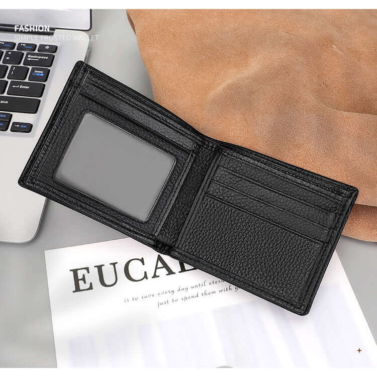 Elegant men's black genuine leather wallet with embossed details