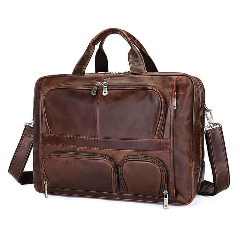 Elegant brown leather laptop bag for business and travel.