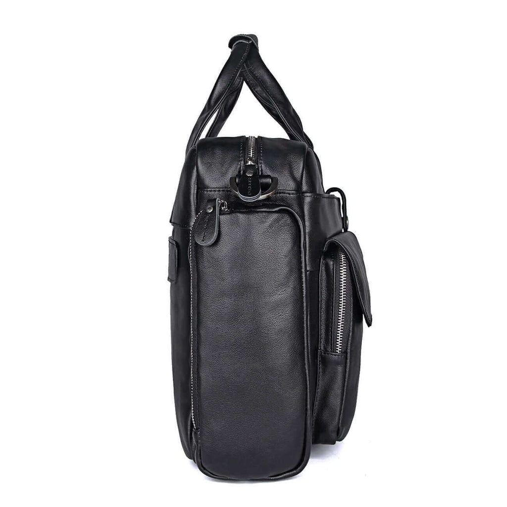 Genuine leather laptop bag side view showcasing sleek design