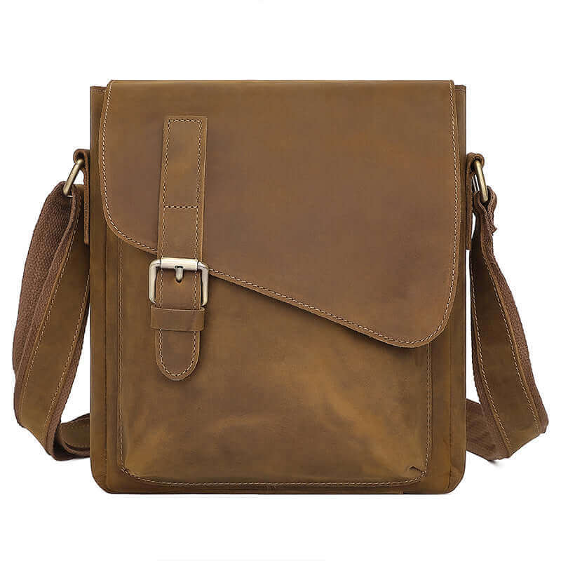 Front view of a genuine leather shoulder and crossbody bag in brown.