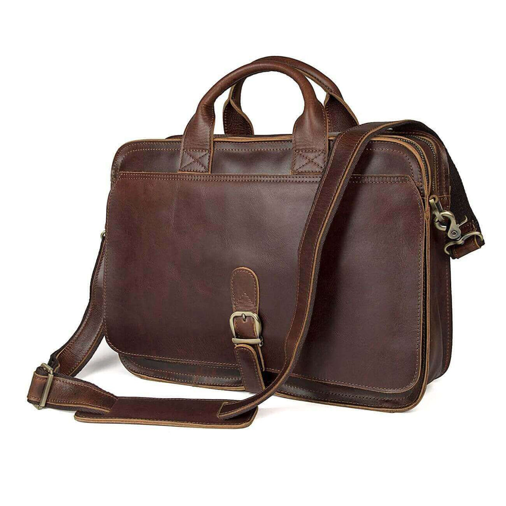 Close-up of the genuine leather material of the vintage briefcase.