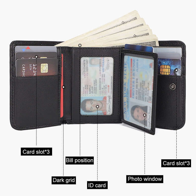 Detailed view of the 11 card slots in a men's RFID wallet.