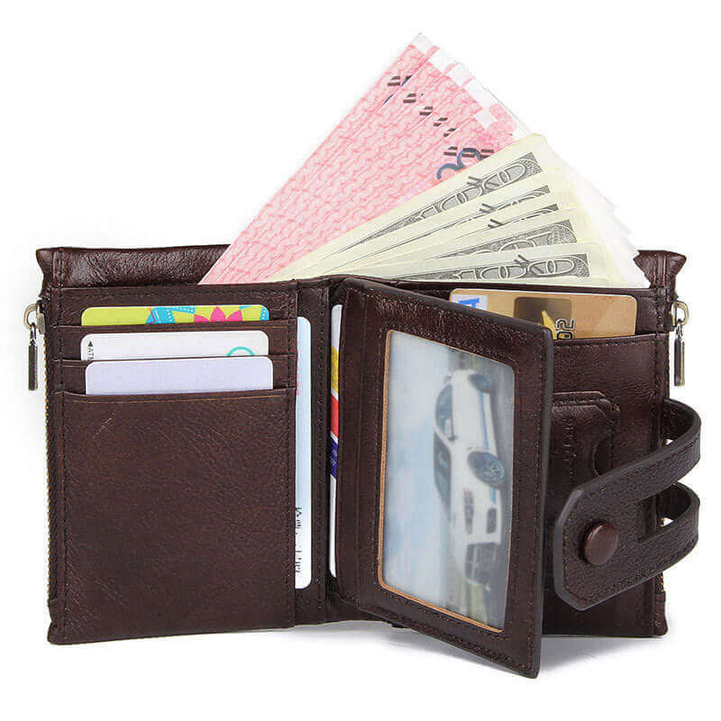 Genuine leather wallet featuring RFID blocking for safety