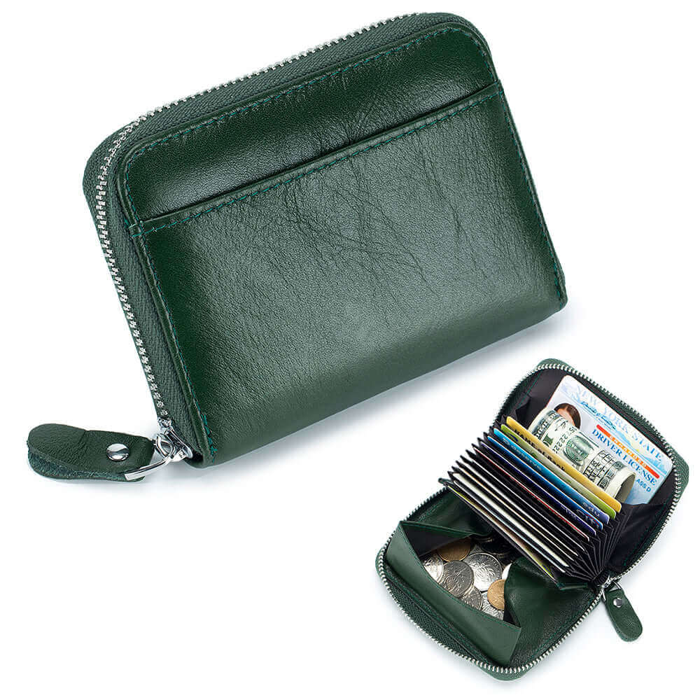 Green leather RFID card holder with a sleek, glossy finish.