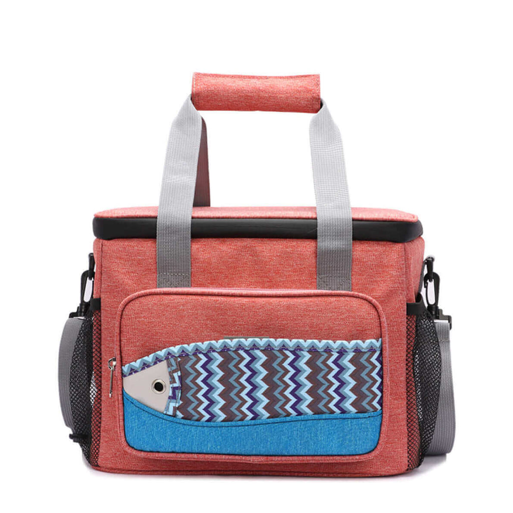 Insulated fish pattern cooler bag designed for keeping food and drinks fresh.