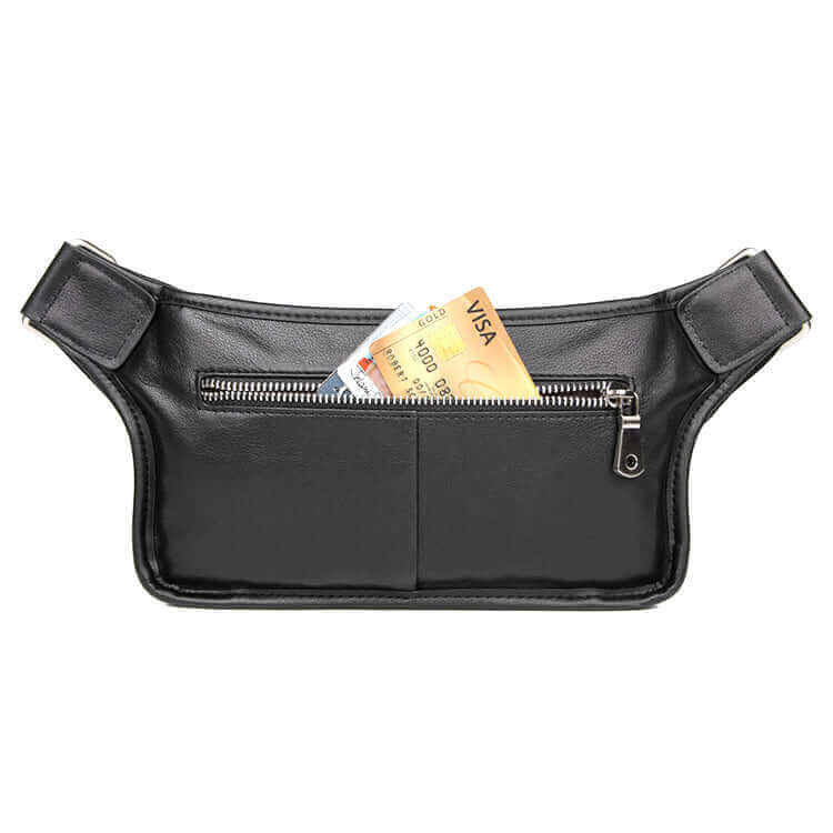 Black leather waist bag, a must-have travel accessory in New Zealand.