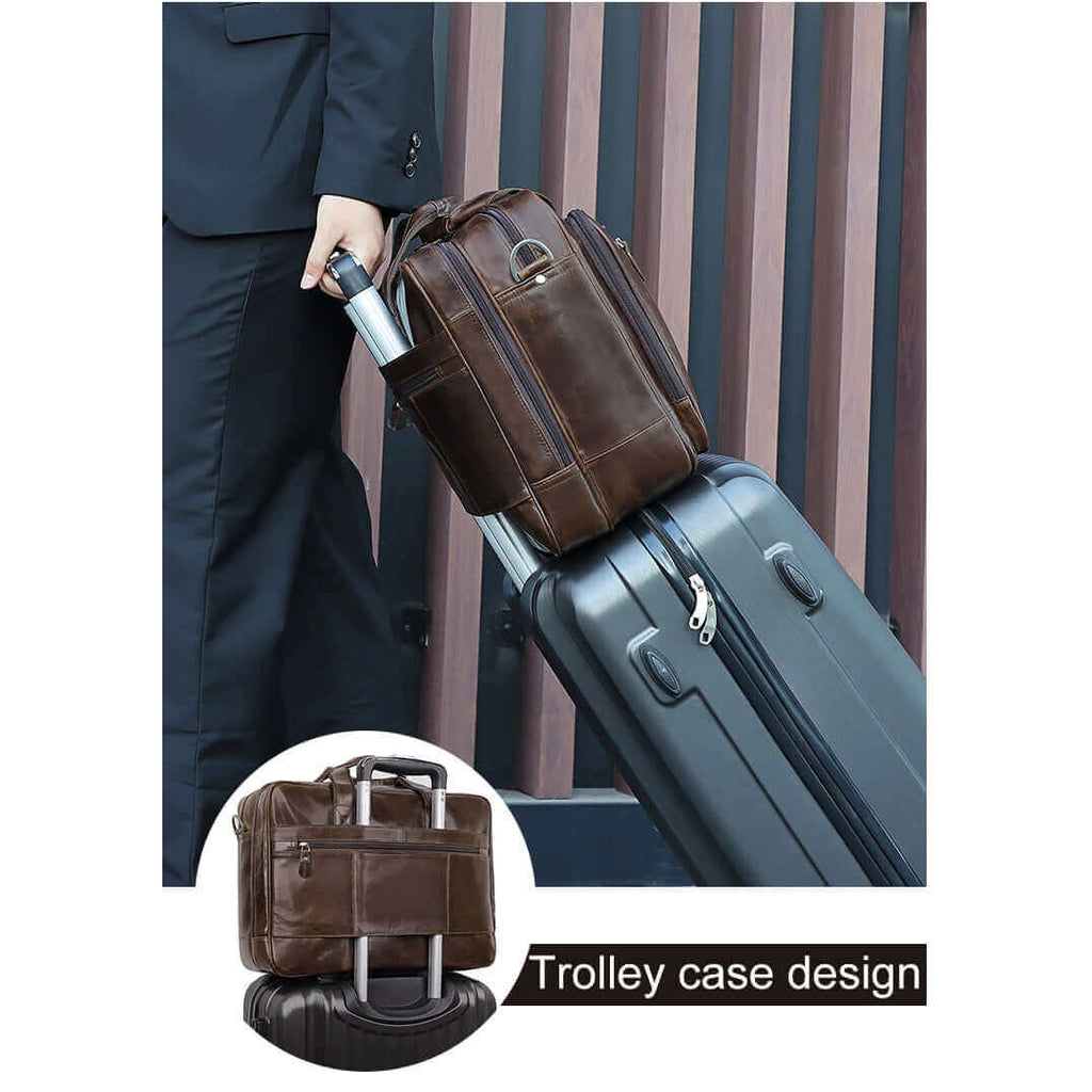 Leather laptop bag attached to a trolley case using the smart sleeve design.