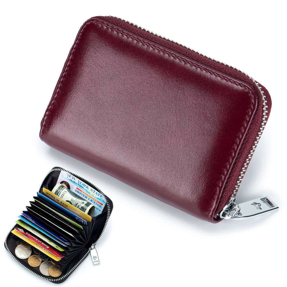 RFID leather card holder with organized cards inside