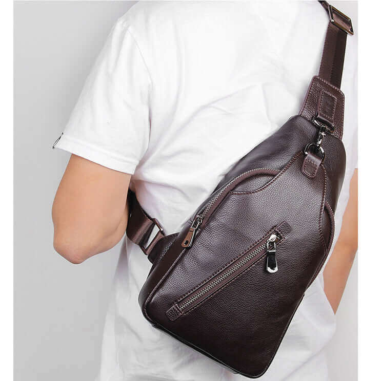 Stylish leather chest bag for men on display.

