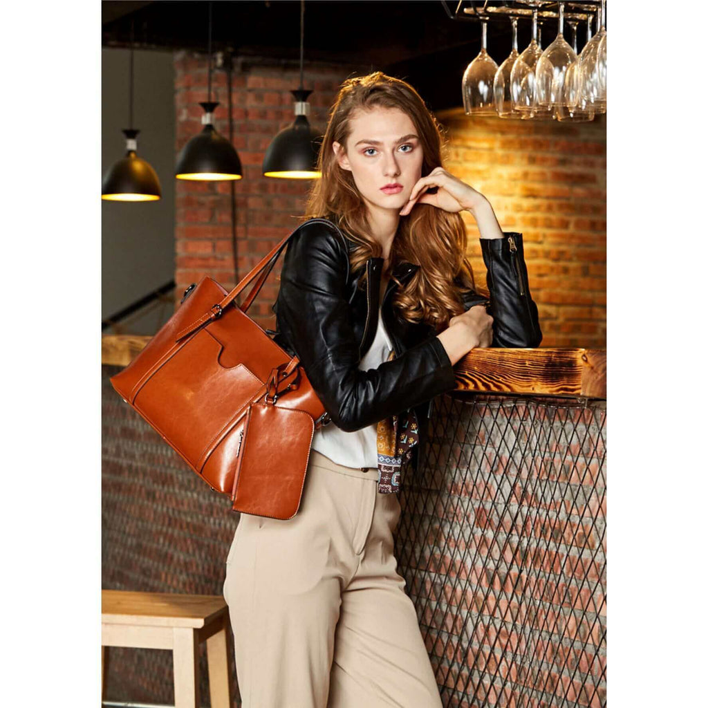 Crossbody tote bag for women in brown leather