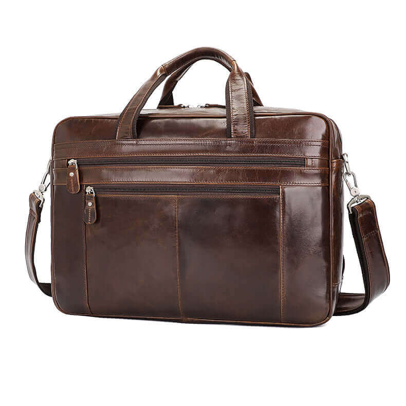 Genuine leather 17-inch laptop bag front view in brown.