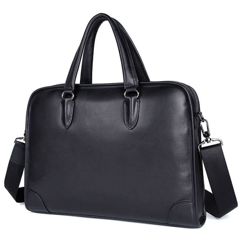 Front view of Men's Black Leather Laptop Bag for 14-inch laptops.