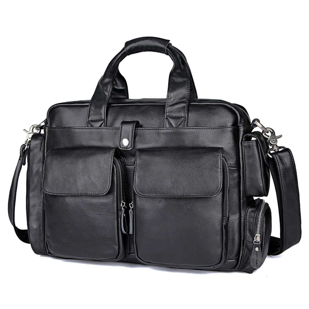 Premium leather laptop bag front view for men in New Zealand.