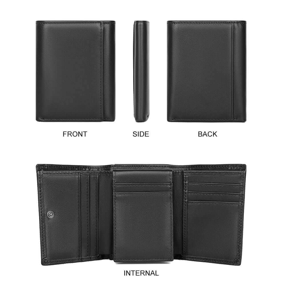 Inside view of black leather wallet showing card slots and photo holders.