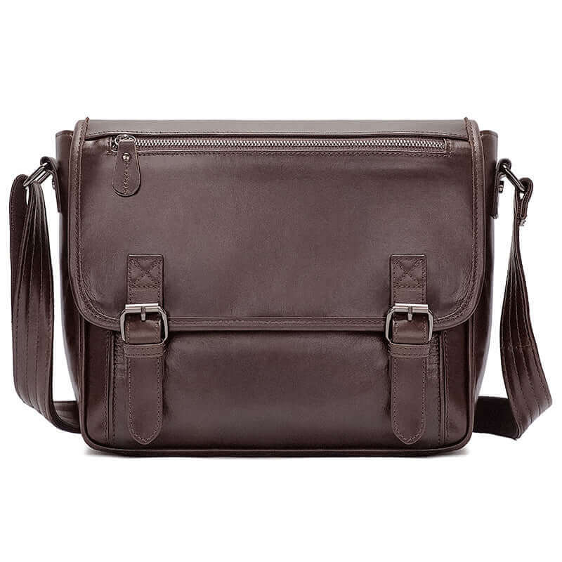 Front view of a leather shoulder crossbody messenger bag in brown.