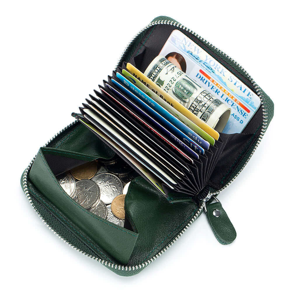 Open view of men's leather RFID card holder showing cards, coins, and cash.