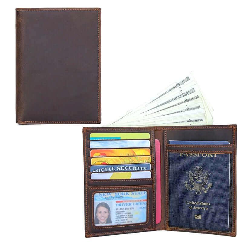 Brown crazy horse leather RFID passport holder with stylish design.