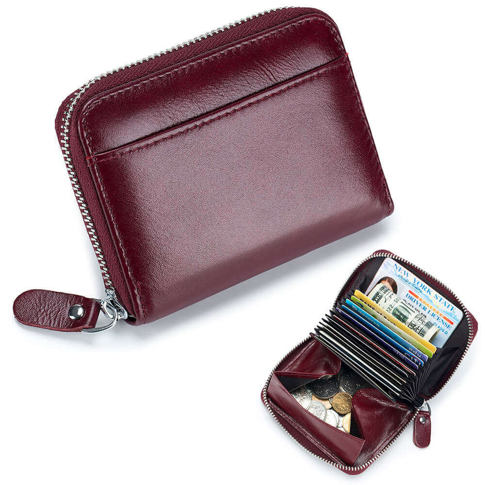 Interior of wine red leather RFID wallet displaying card slots and coin pouch.