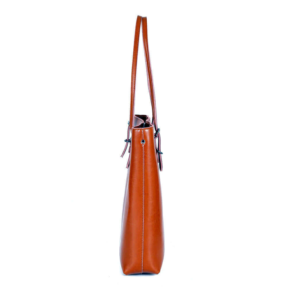 Side view of oil wax leather tote bag with shoulder strap