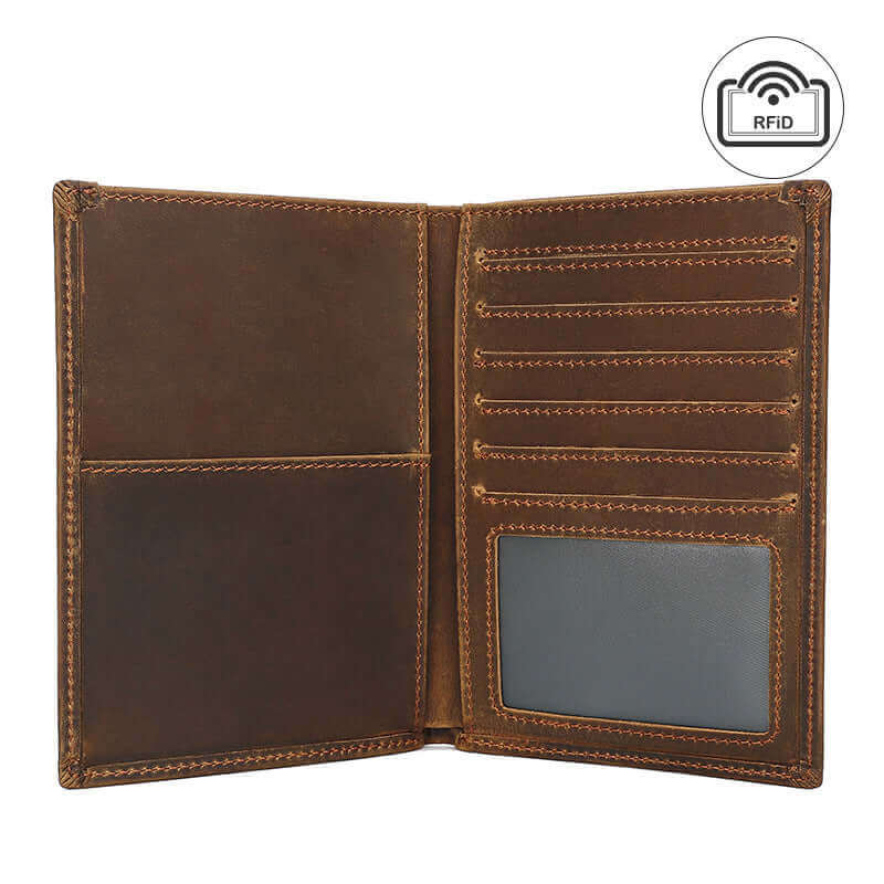 Crazy horse leather travel wallet with secure passport and card slots.