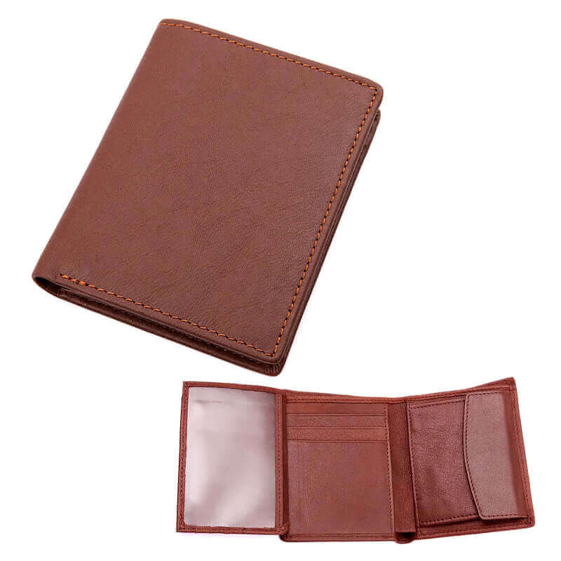 Front view of men's genuine leather vertical trifold wallet