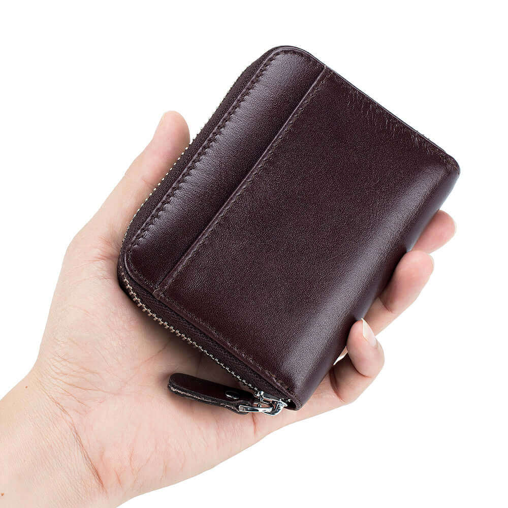 Leather wallet equipped with RFID protection, shown with cards and coins.