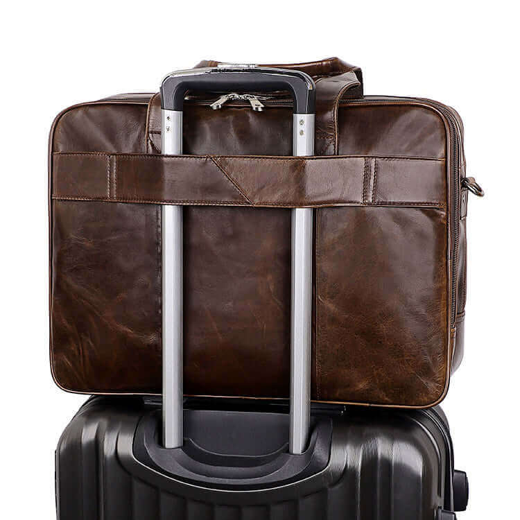 Leather laptop bag with a convenient luggage strap.