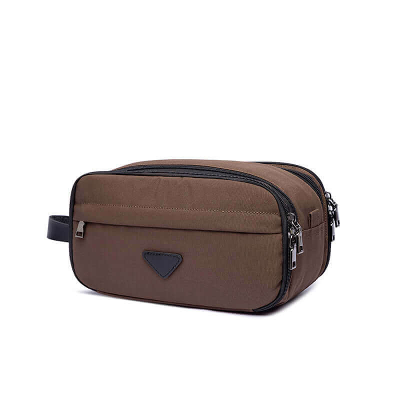 Toiletry bag with multiple compartments for makeup storage.