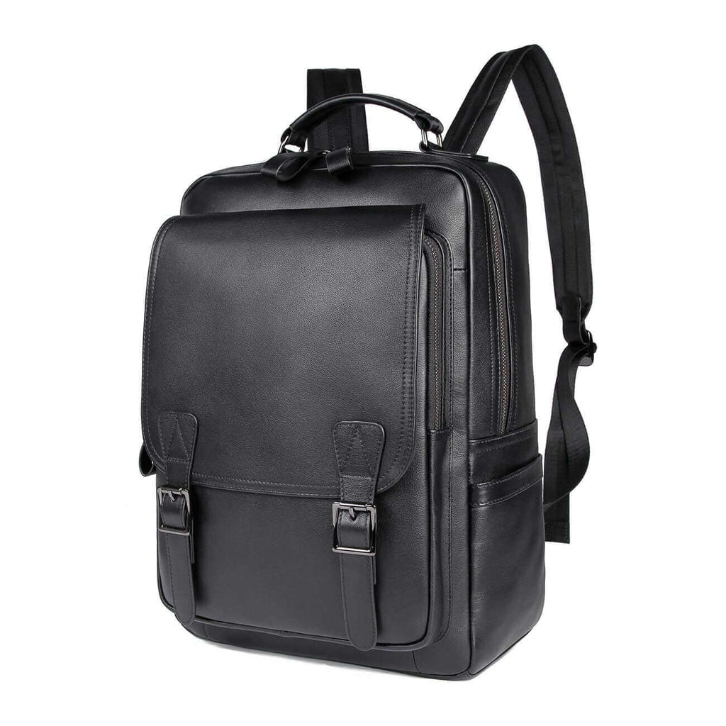 Black leather laptop backpack designed for 14-inch laptops.