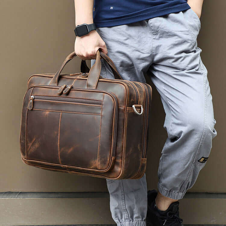 Stylish leather briefcase for men, perfect for business trips.