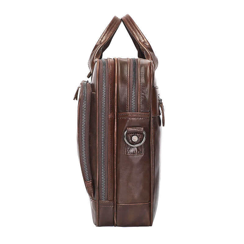 Side view of the men's leather laptop bag in brown.