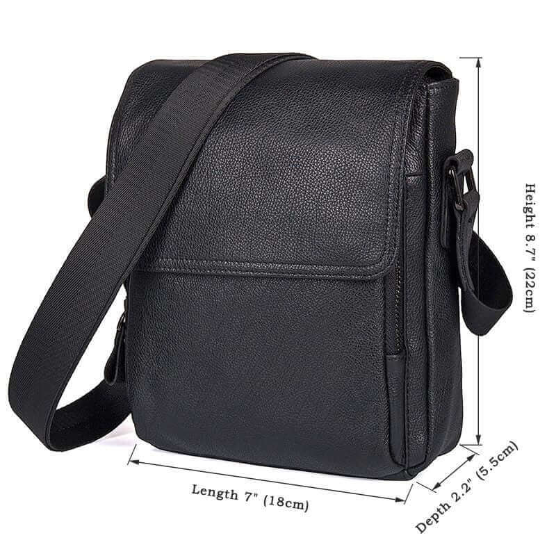 Adjustable strap on a men's black leather crossbody bag for versatile wear.