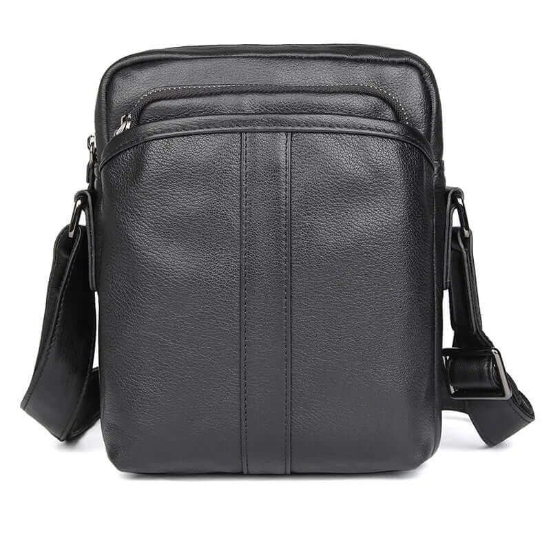 Men's black leather crossbody bag with sleek and minimalist design.