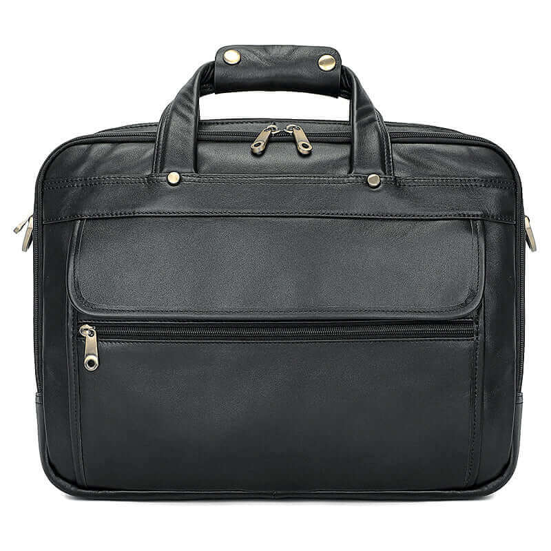 Front view of Men's Black Leather Laptop Bag for work and travel.