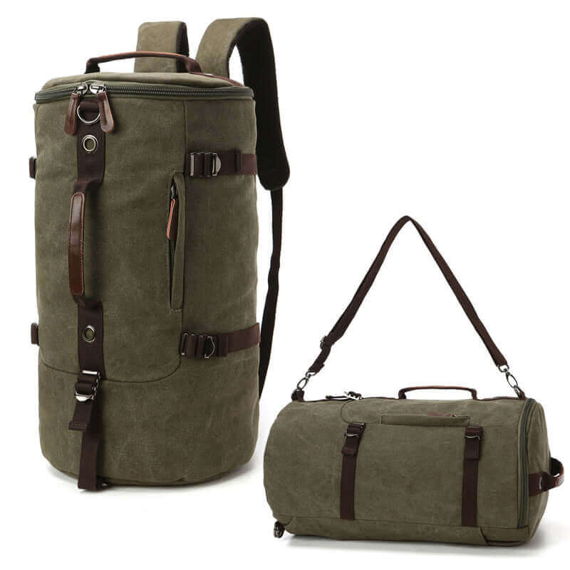 Men's canvas barrel duffle backpack with adjustable straps and leather accents.