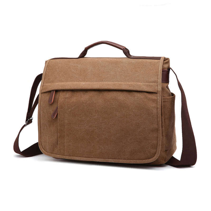 Men's coffee canvas messenger bag, perfect for a 17-inch laptop.